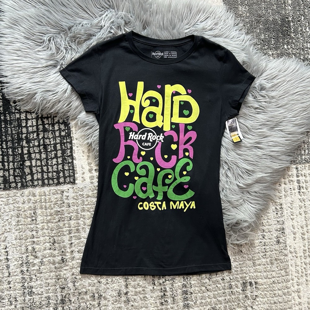 Women's Hard Rock Cafe Shirt Top Costa Maya Neon On Black Top Size Large